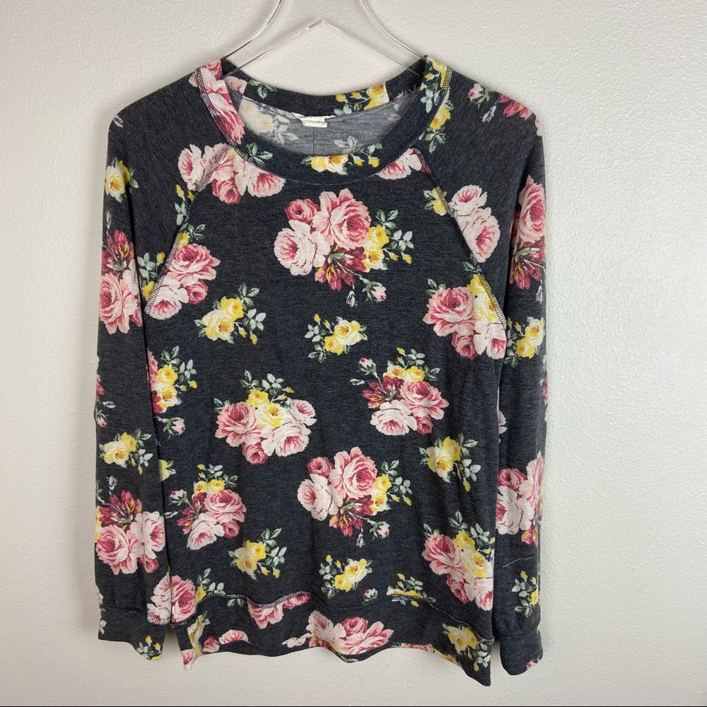 Caslon | Grey Floral Print Knit Crewneck Pullover Top